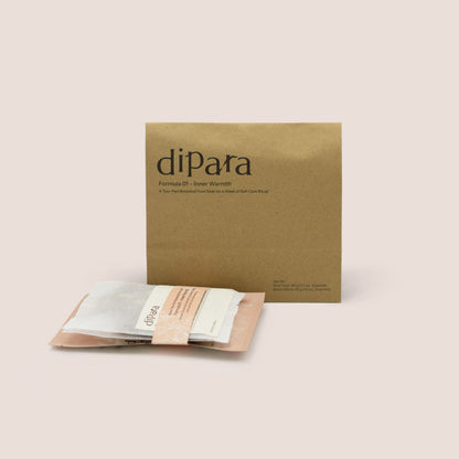 Dipara Formula 01 Inner Warmth herbal foot soak set, featuring botanical sachets and kraft paper packaging, presented in a minimalist, neutral-toned studio setting.