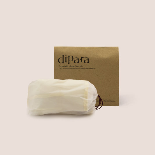 Dipara Formula 01 Inner Warmth herbal foot soak set, featuring botanical sachets and kraft paper packaging, with a foldable foot basin, presented in a minimalist, neutral-toned studio setting.