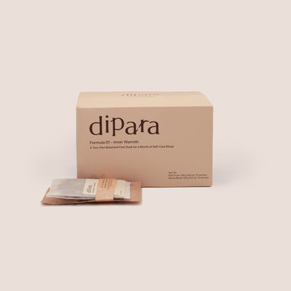 Dipara Formula 01 Inner Warmth herbal foot soak box set with individual botanical sachets, presented in a minimalist studio setting.