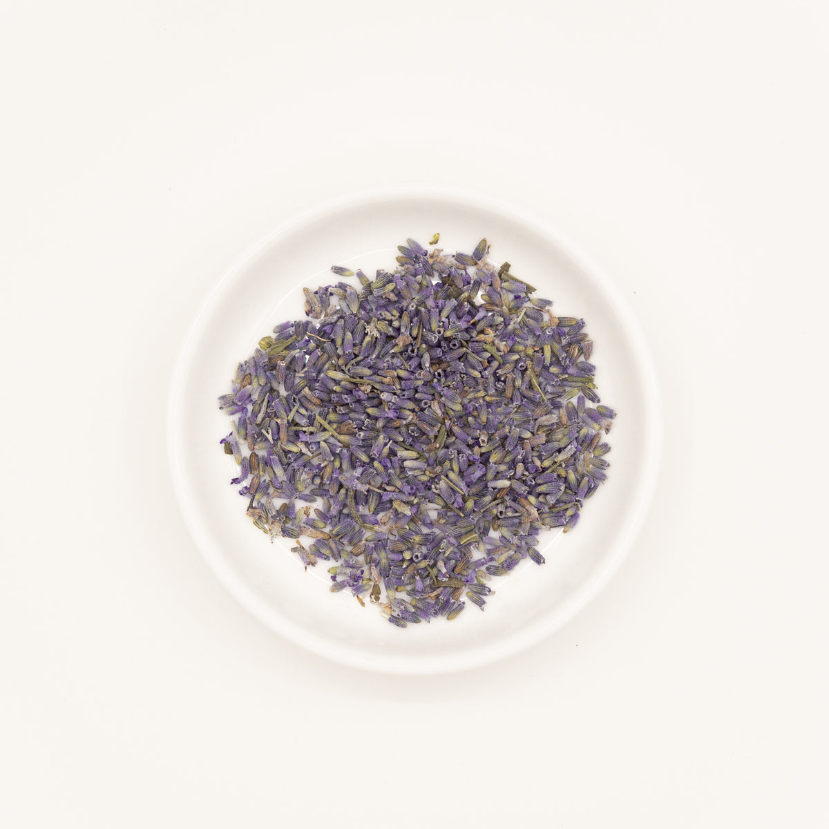 Lavender (Lavandula angustifolia) – Chinese traditional medicine (TCM) herb in white ceramic dish, white background flat lay studio photograph