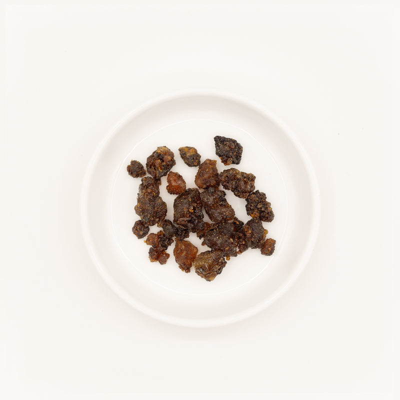 Myrrh (Commiphora myrrha) – Chinese traditional medicine (TCM) herb in white ceramic dish, white background flat lay studio photograph