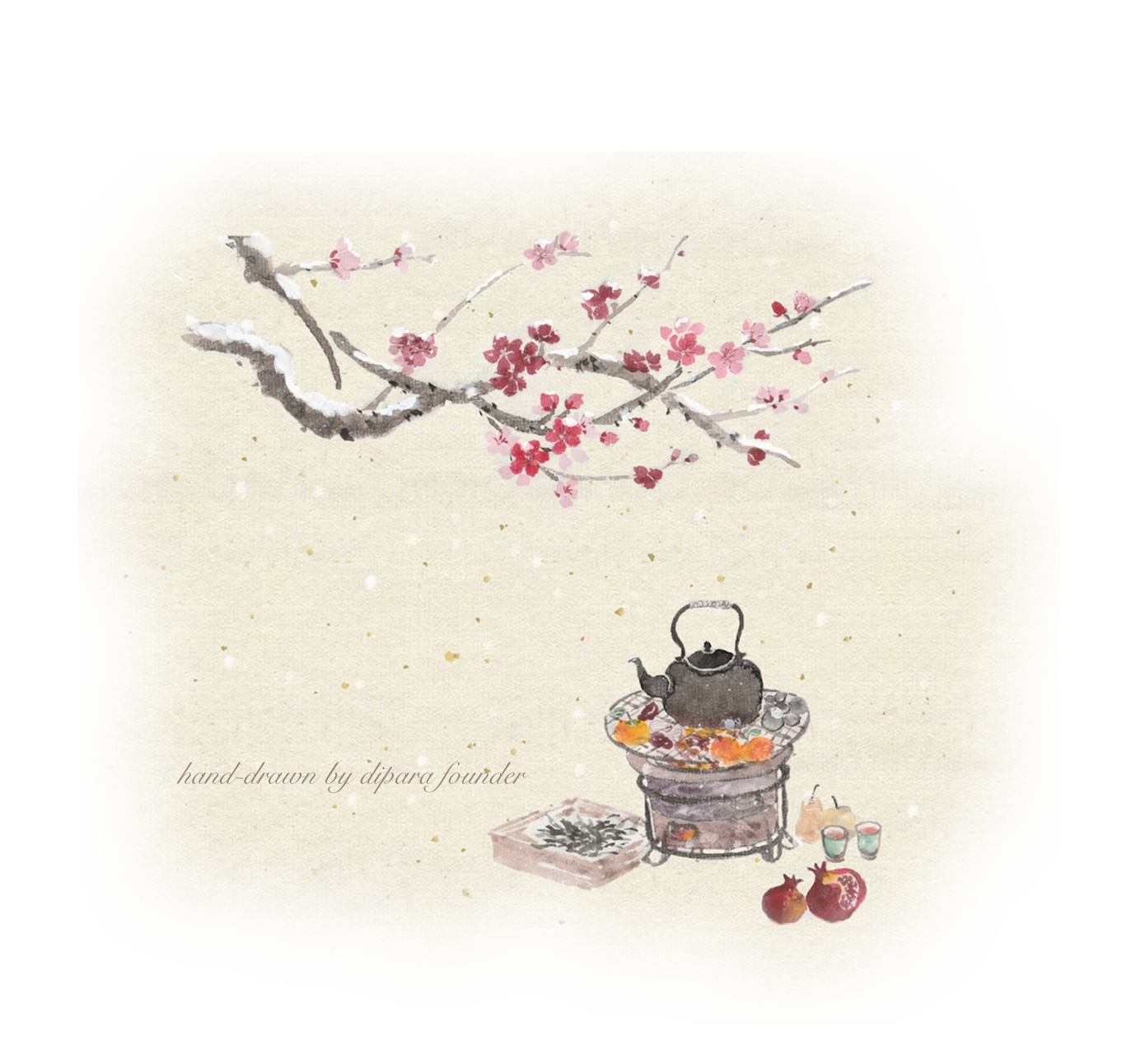 Illustration of a teapot on a stove with red winter plum blossoms and fruits on a light background, Chinese traditional painting style